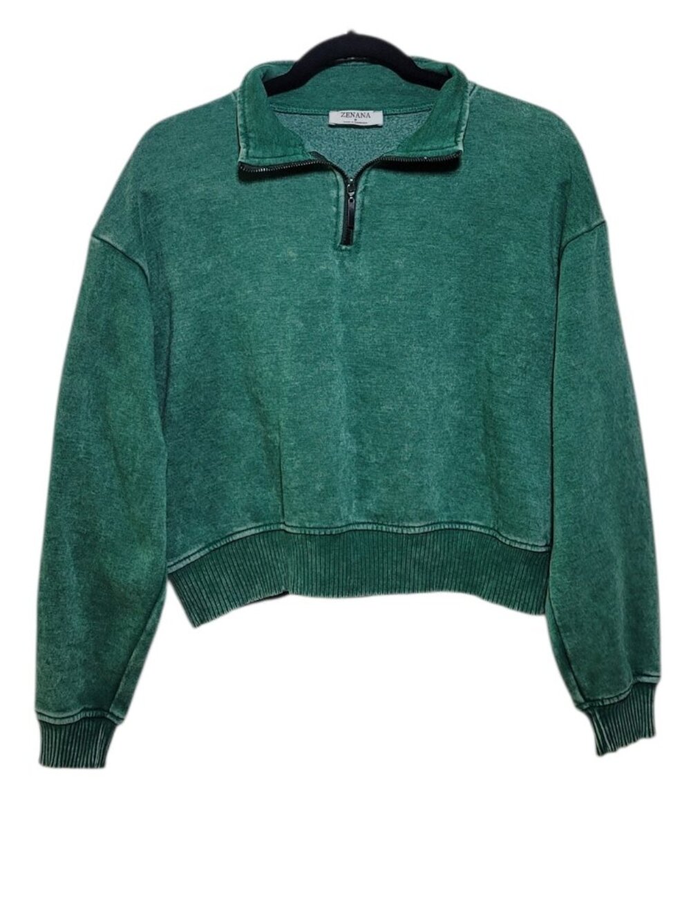 Zenana Acid Wash Fleece Half Zip Pullover Crop Sweatshirt Green Small Athleisure